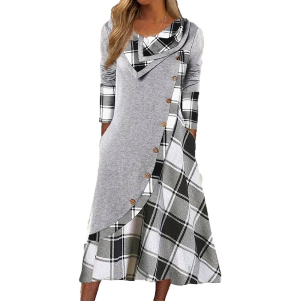 Damen Maxikleid mit Karomuster und Kragen im Patchwork-Stil