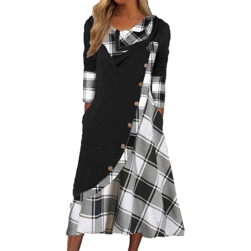 Damen Maxikleid mit Karomuster und Kragen im Patchwork-Stil