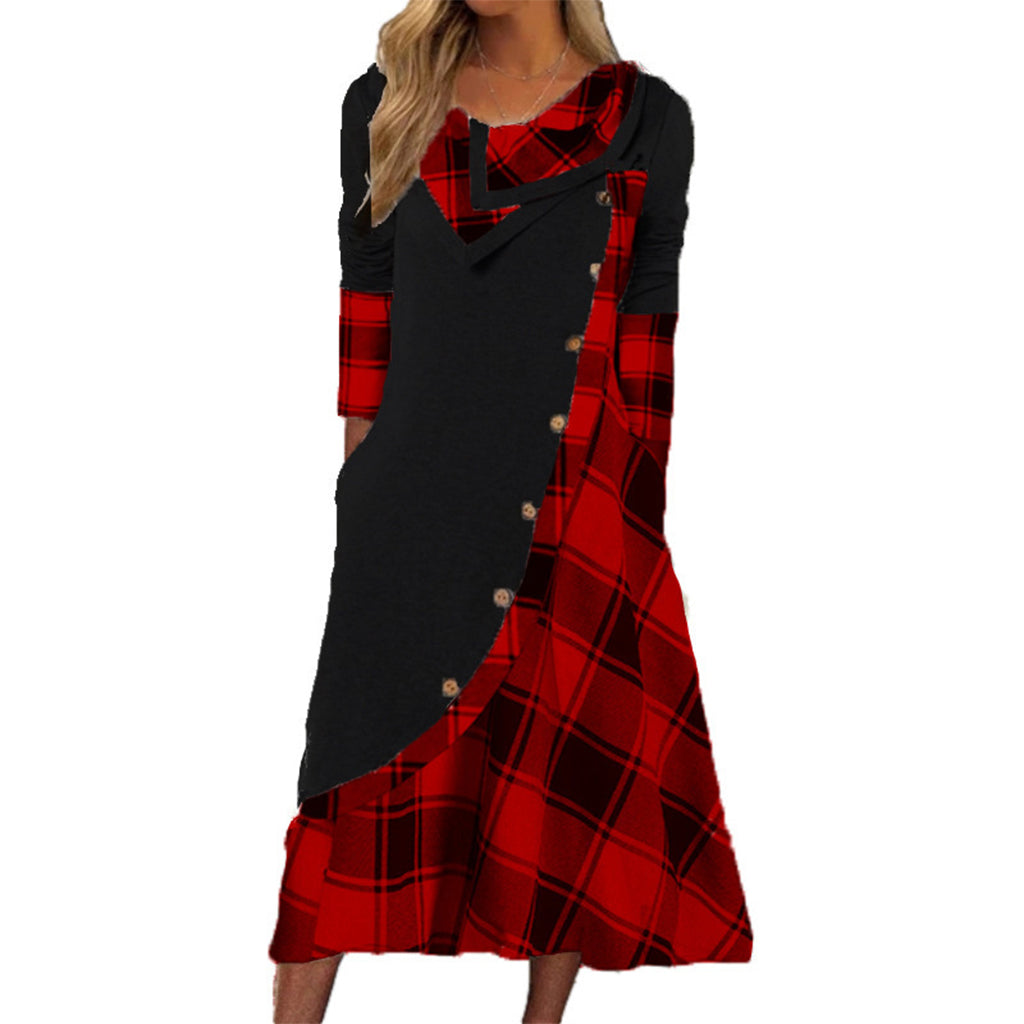 Damen Maxikleid mit Karomuster und Kragen im Patchwork-Stil