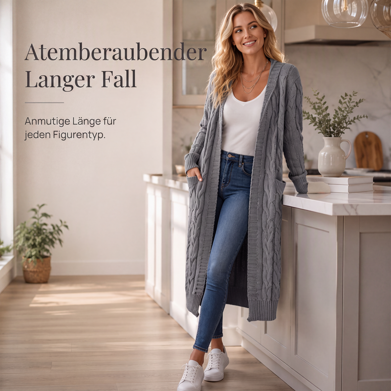 Lange Strickjacke mit Kapuze und Taschen für Damen