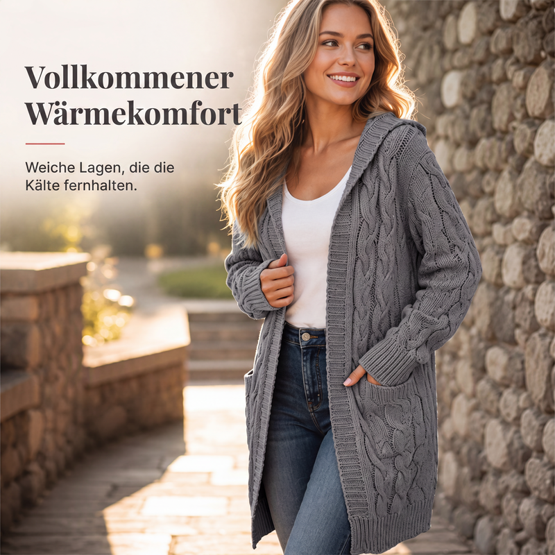 Lange Strickjacke mit Kapuze und Taschen für Damen