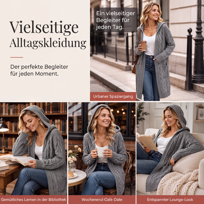Lange Strickjacke mit Kapuze und Taschen für Damen