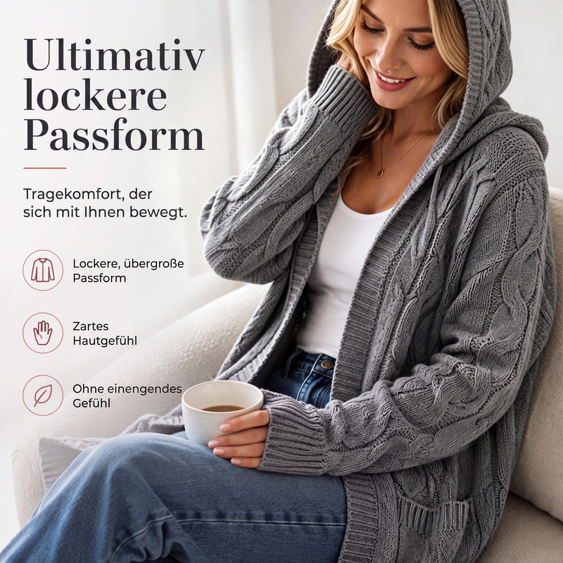 Lange Strickjacke mit Kapuze und Taschen für Damen
