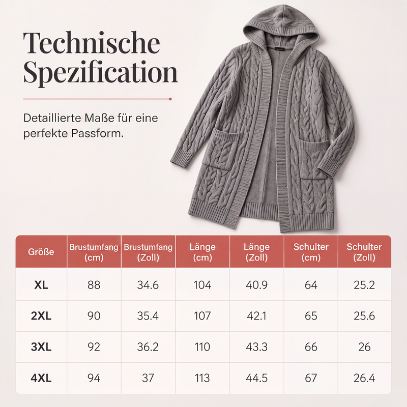 Lange Strickjacke mit Kapuze und Taschen für Damen