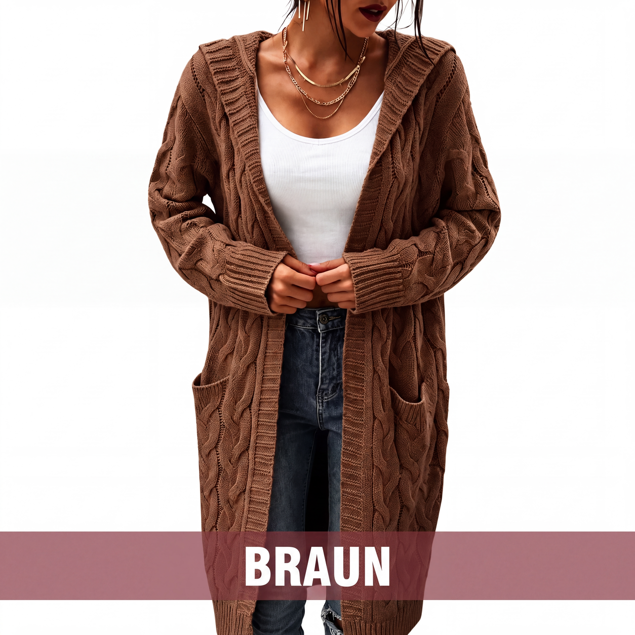 Lange Strickjacke mit Kapuze und Taschen für Damen