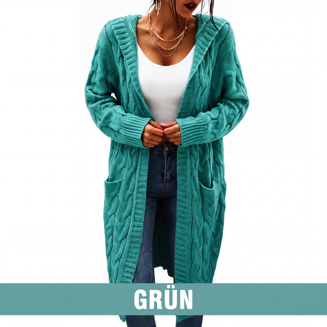 Lange Strickjacke mit Kapuze und Taschen für Damen