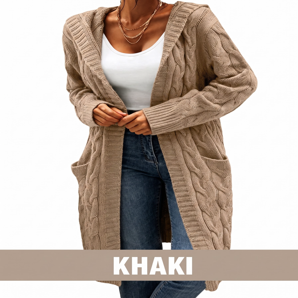 Lange Strickjacke mit Kapuze und Taschen für Damen