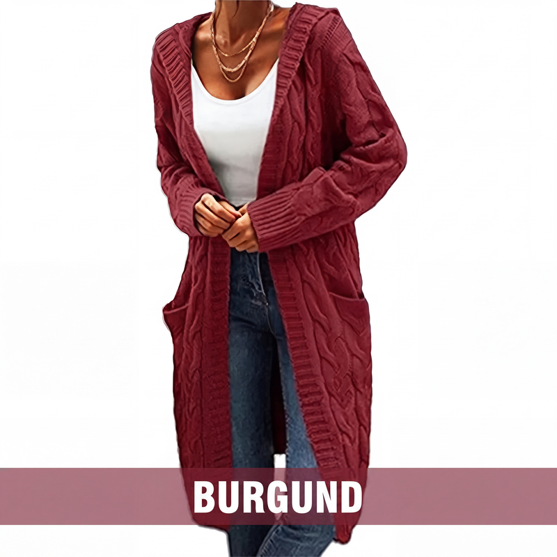 Lange Strickjacke mit Kapuze und Taschen für Damen