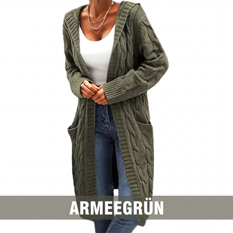 Lange Strickjacke mit Kapuze und Taschen für Damen