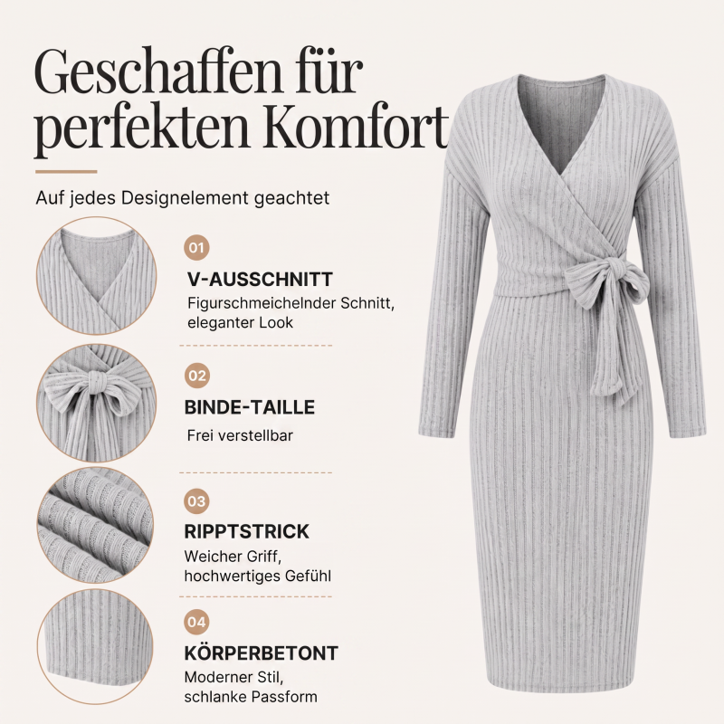 📢📢50%Rabatt!!!🎉✨Elegantes Damen-Rippstrick-Wickelkleid mit V-Ausschnitt und Bindegürtel