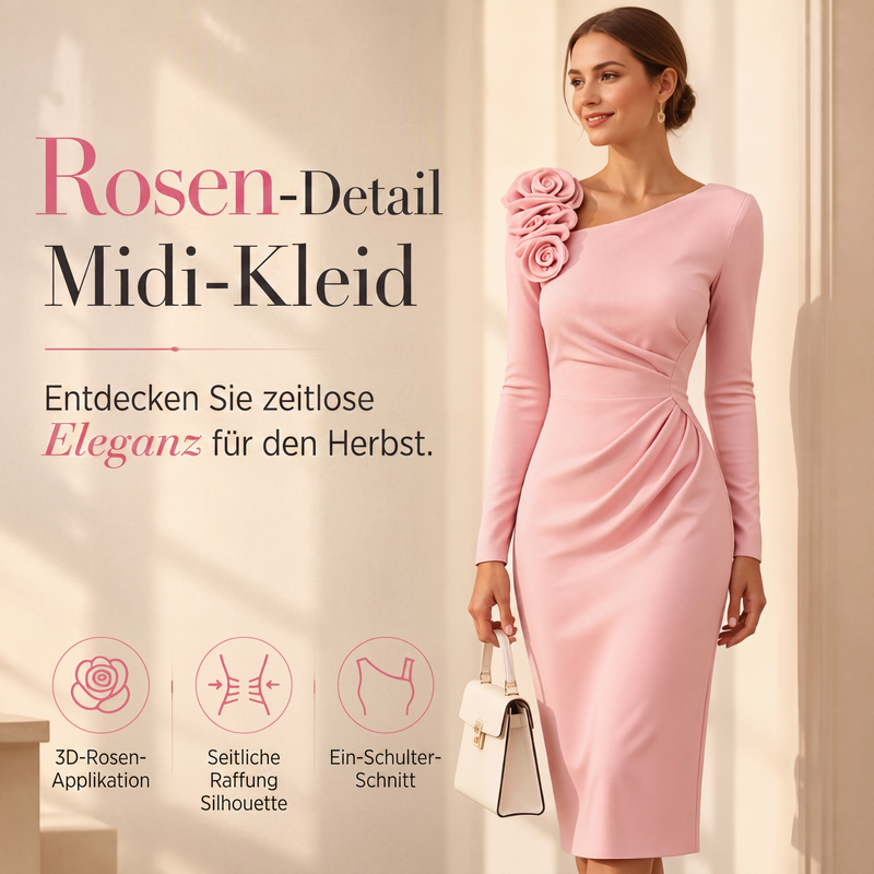 Midi-Kleid für Damen mit Raffungen und 3D-Rosendetails
