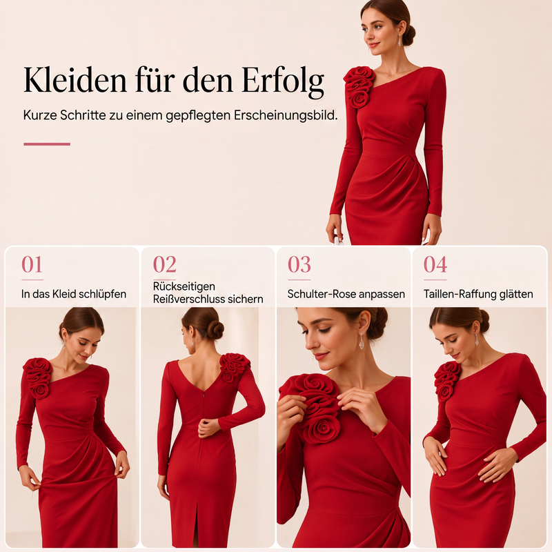 Midi-Kleid für Damen mit Raffungen und 3D-Rosendetails