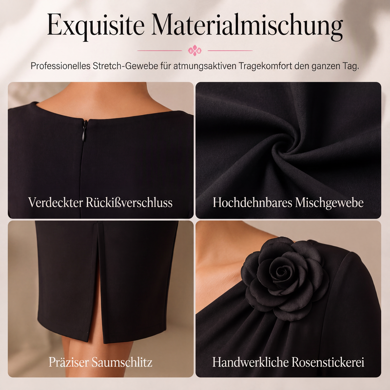 Midi-Kleid für Damen mit Raffungen und 3D-Rosendetails