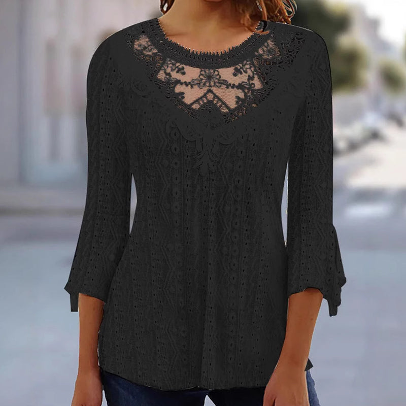 📢📢50%Rabatt!!!🎉✨Damen Freizeit Bluse mit Spitzenbesatz, Lochmuster und 3/4-Ärmeln