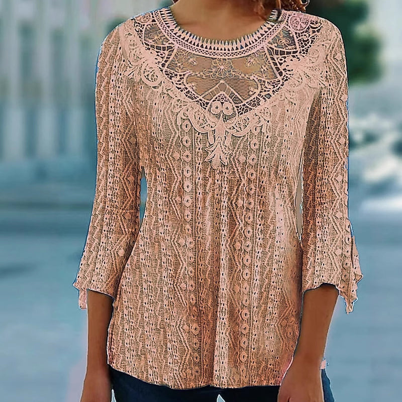 📢📢50%Rabatt!!!🎉✨Damen Freizeit Bluse mit Spitzenbesatz, Lochmuster und 3/4-Ärmeln