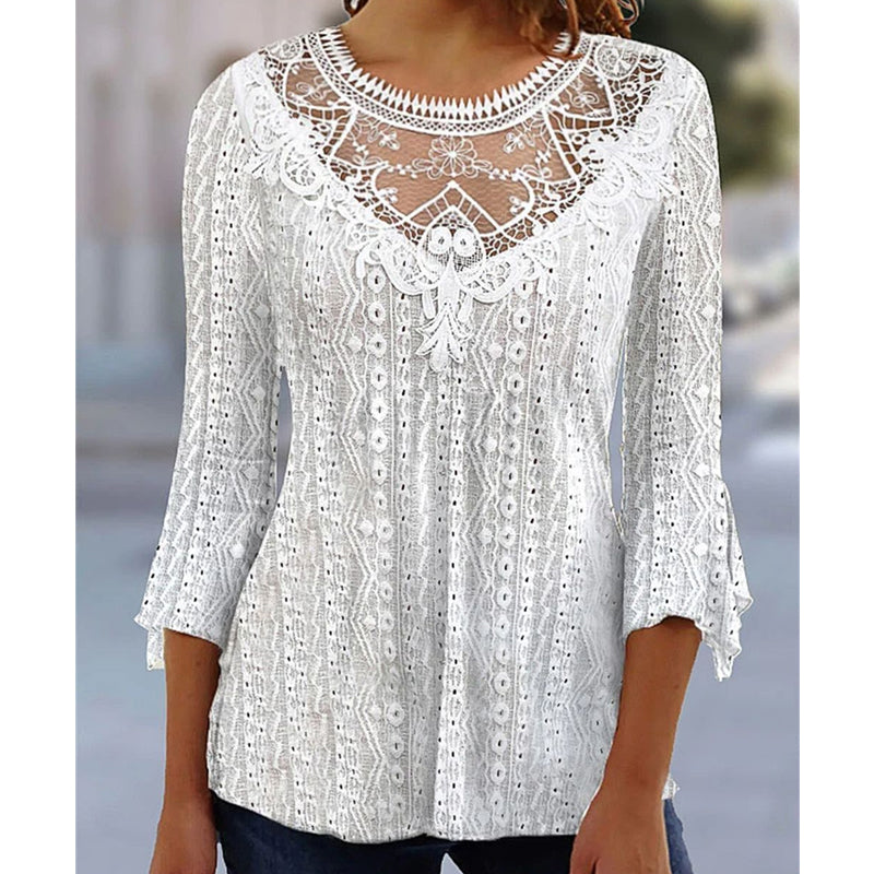 📢📢50%Rabatt!!!🎉✨Damen Freizeit Bluse mit Spitzenbesatz, Lochmuster und 3/4-Ärmeln