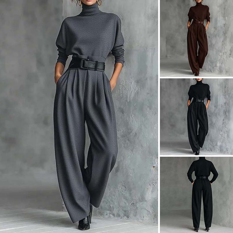 📢📢50%Rabatt!!!🎉✨Eleganter Damen-Zweiteiler: Rollkragen-Shirt & Hose mit hohem Bund