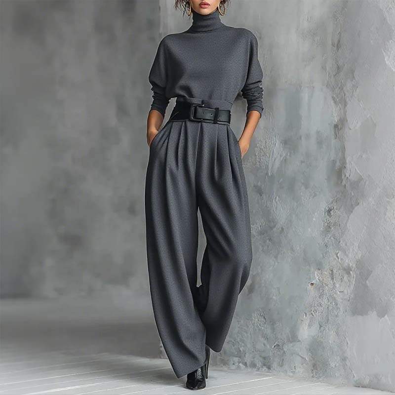 📢📢50%Rabatt!!!🎉✨Eleganter Damen-Zweiteiler: Rollkragen-Shirt & Hose mit hohem Bund