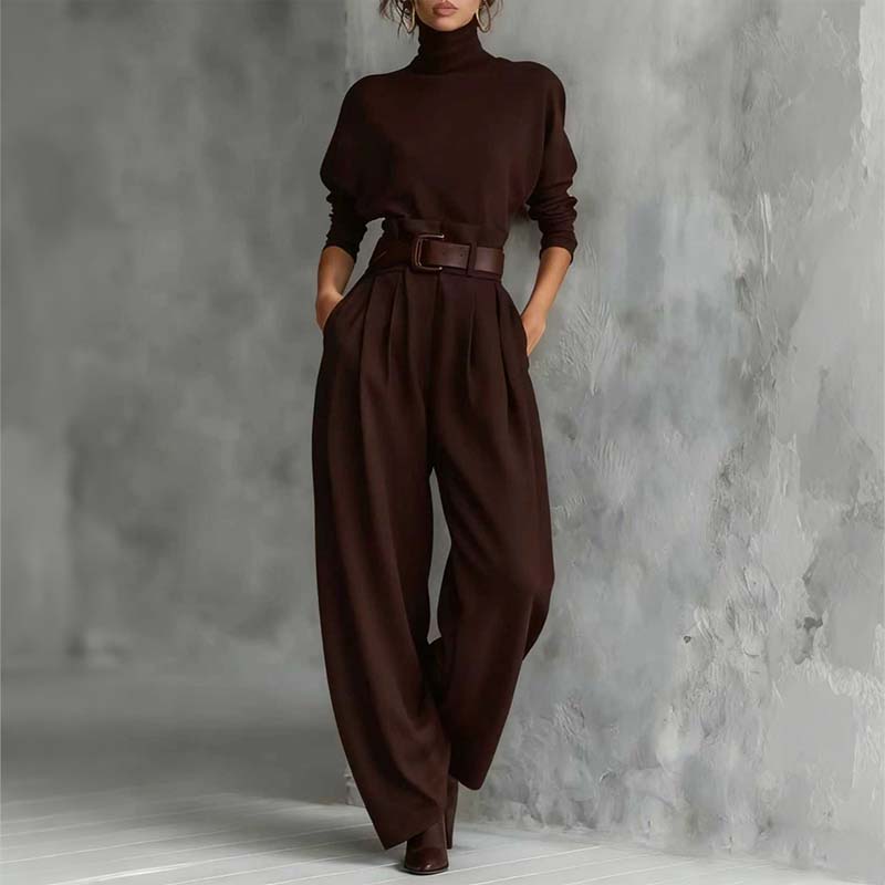 📢📢50%Rabatt!!!🎉✨Eleganter Damen-Zweiteiler: Rollkragen-Shirt & Hose mit hohem Bund