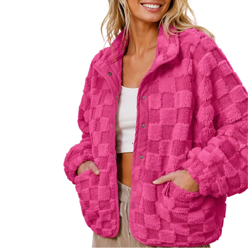 🚀 Neu eingetroffen – 50% Probierpreis! Plüschjacke mit Karomuster und Druckknöpfen für Damen
