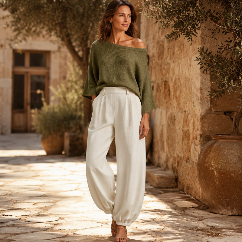 Damen-Set aus schulterfreiem Strickoberteil und lässigen Hosen