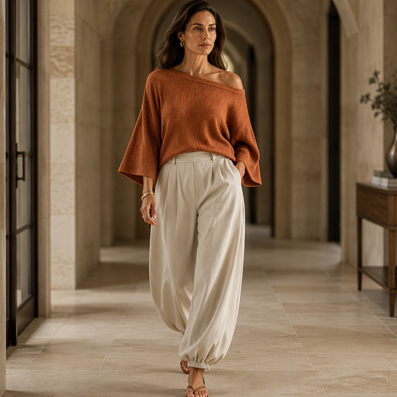 Damen-Set aus schulterfreiem Strickoberteil und lässigen Hosen