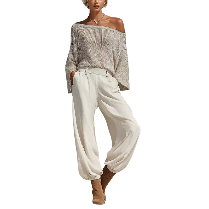 Damen-Set aus schulterfreiem Strickoberteil und lässigen Hosen