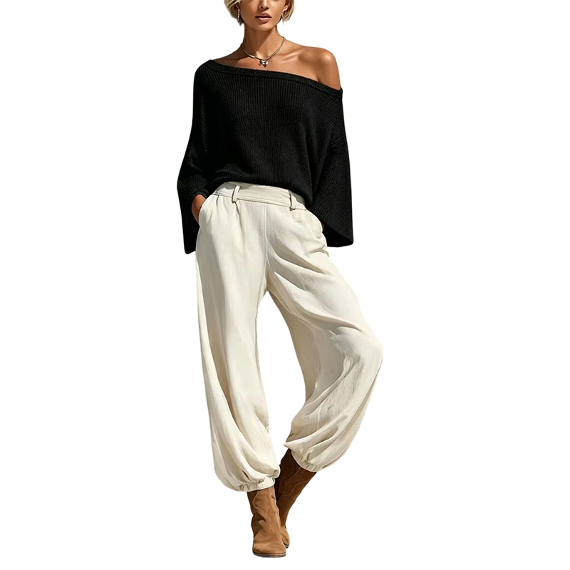 Damen-Set aus schulterfreiem Strickoberteil und lässigen Hosen