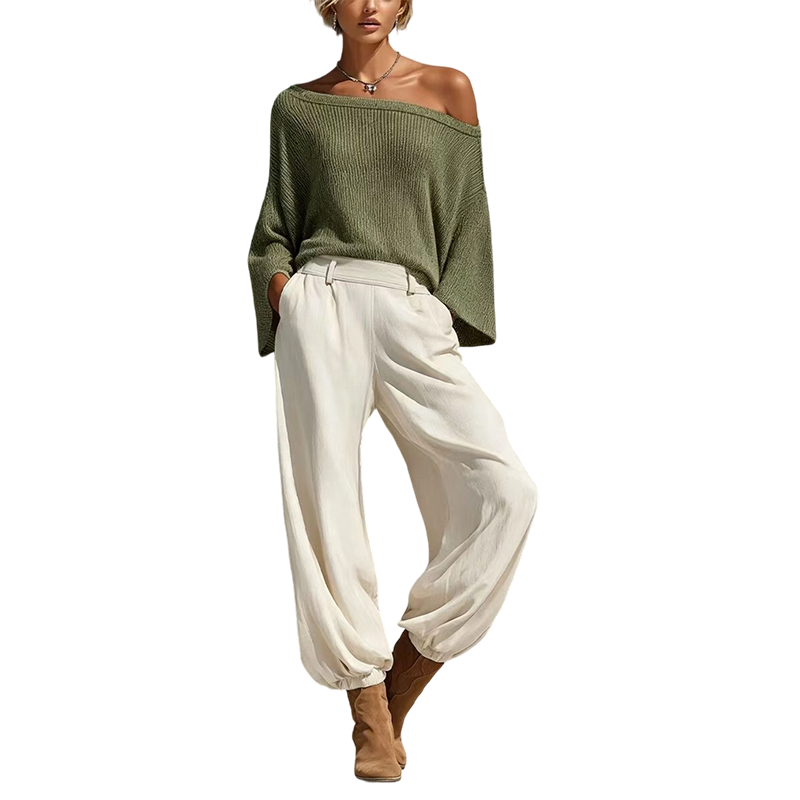 Damen-Set aus schulterfreiem Strickoberteil und lässigen Hosen