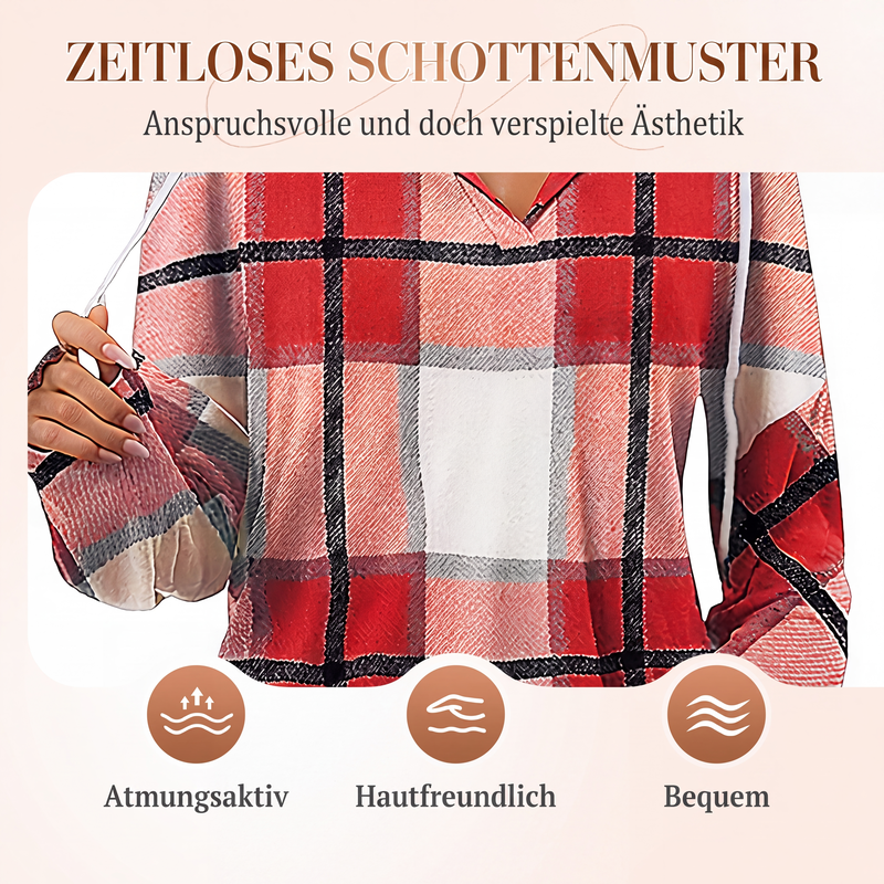 📢📢50%Rabatt!!!🎉✨Karierte Damen-Kapuzenhemden mit langen Ärmeln, Kordelzug und V-Ausschnitt