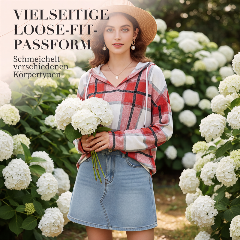 📢📢50%Rabatt!!!🎉✨Karierte Damen-Kapuzenhemden mit langen Ärmeln, Kordelzug und V-Ausschnitt