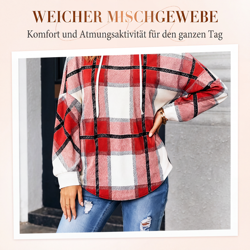 📢📢50%Rabatt!!!🎉✨Karierte Damen-Kapuzenhemden mit langen Ärmeln, Kordelzug und V-Ausschnitt