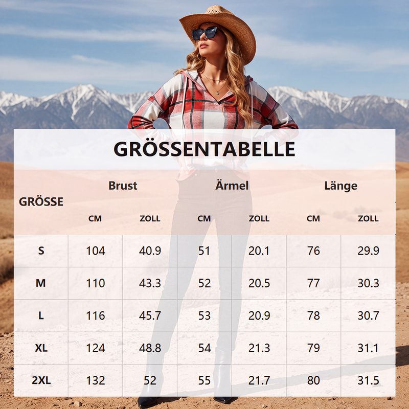 📢📢50%Rabatt!!!🎉✨Karierte Damen-Kapuzenhemden mit langen Ärmeln, Kordelzug und V-Ausschnitt