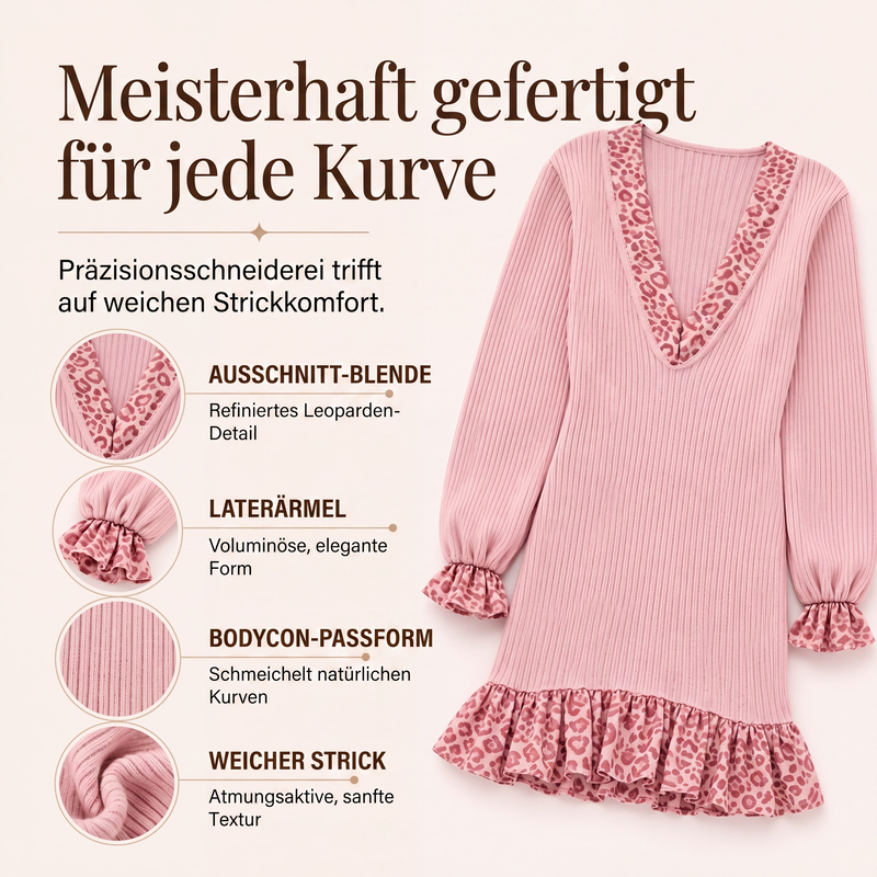 Damen Strickkleid mit V-Ausschnitt und Laternenärmeln