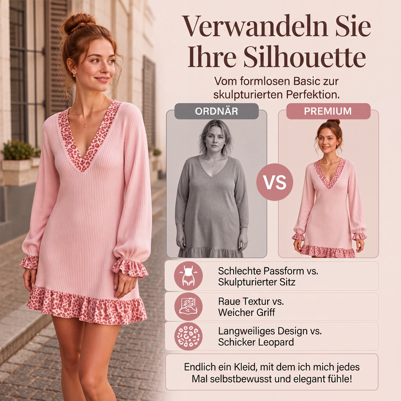 Damen Strickkleid mit V-Ausschnitt und Laternenärmeln