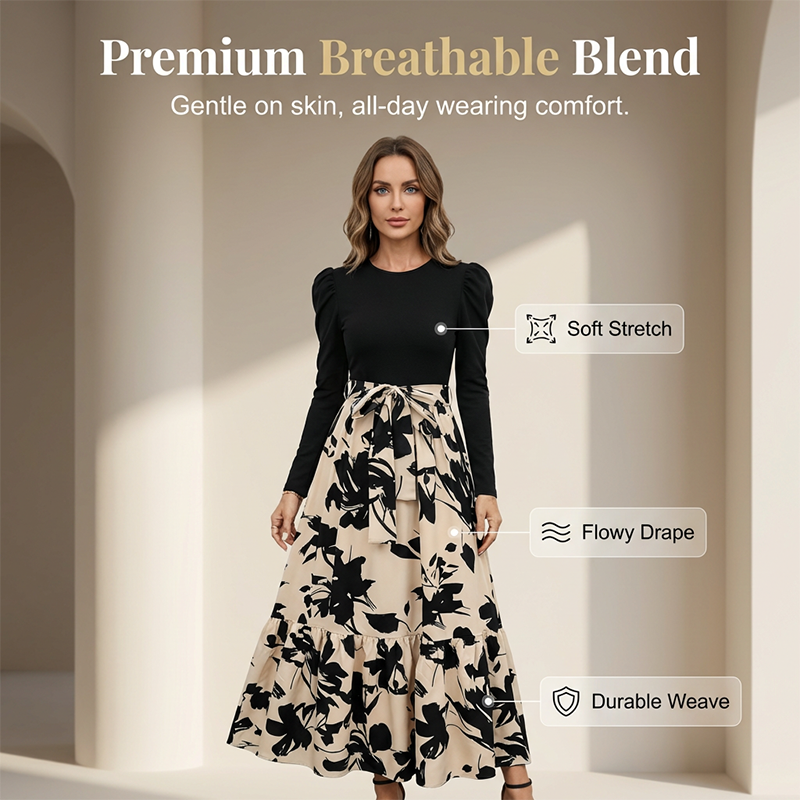 Damen Maxikleid im A-Linien-Schnitt mit Blumenmuster und langen Ärmeln