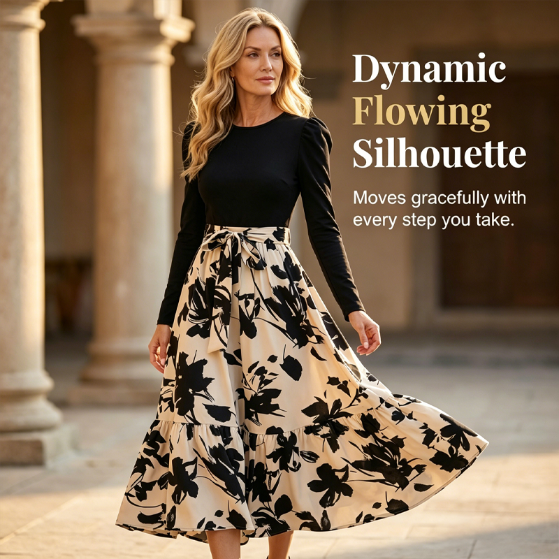 Damen Maxikleid im A-Linien-Schnitt mit Blumenmuster und langen Ärmeln