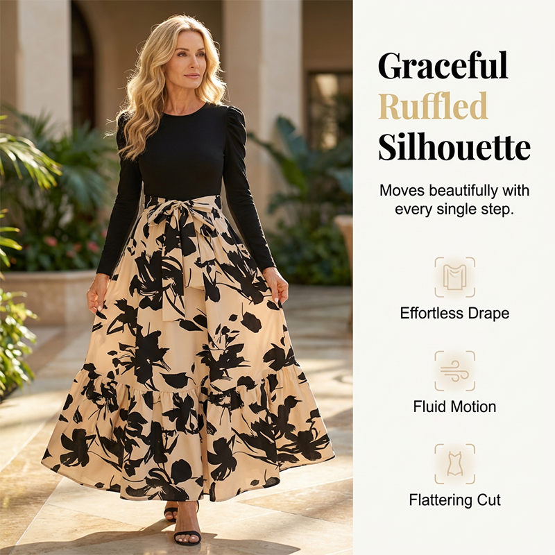 Damen Maxikleid im A-Linien-Schnitt mit Blumenmuster und langen Ärmeln