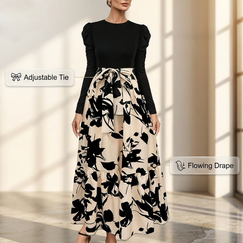 Damen Maxikleid im A-Linien-Schnitt mit Blumenmuster und langen Ärmeln