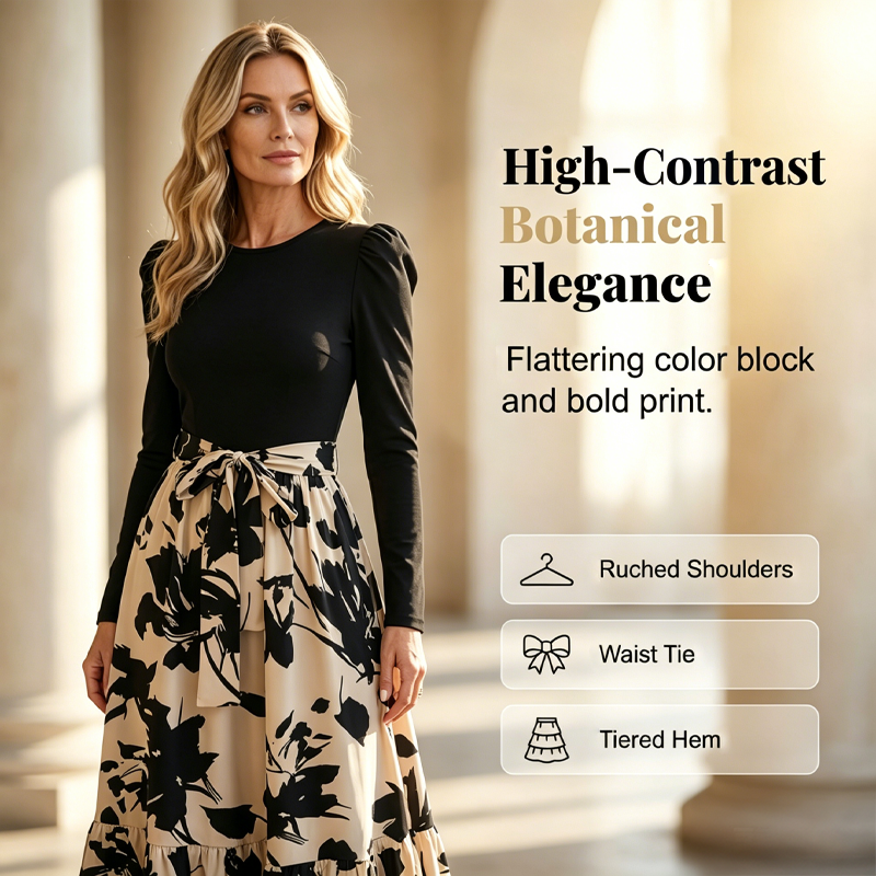 Damen Maxikleid im A-Linien-Schnitt mit Blumenmuster und langen Ärmeln