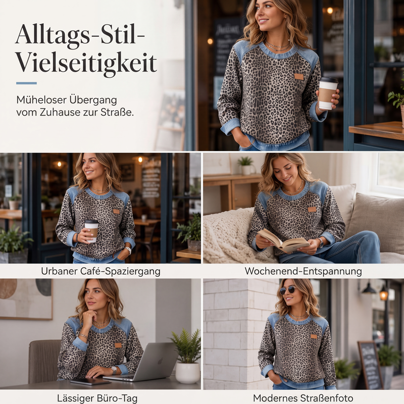 Legere Damen-Sweatshirt mit Rundhalsausschnitt und Leopardenmuster