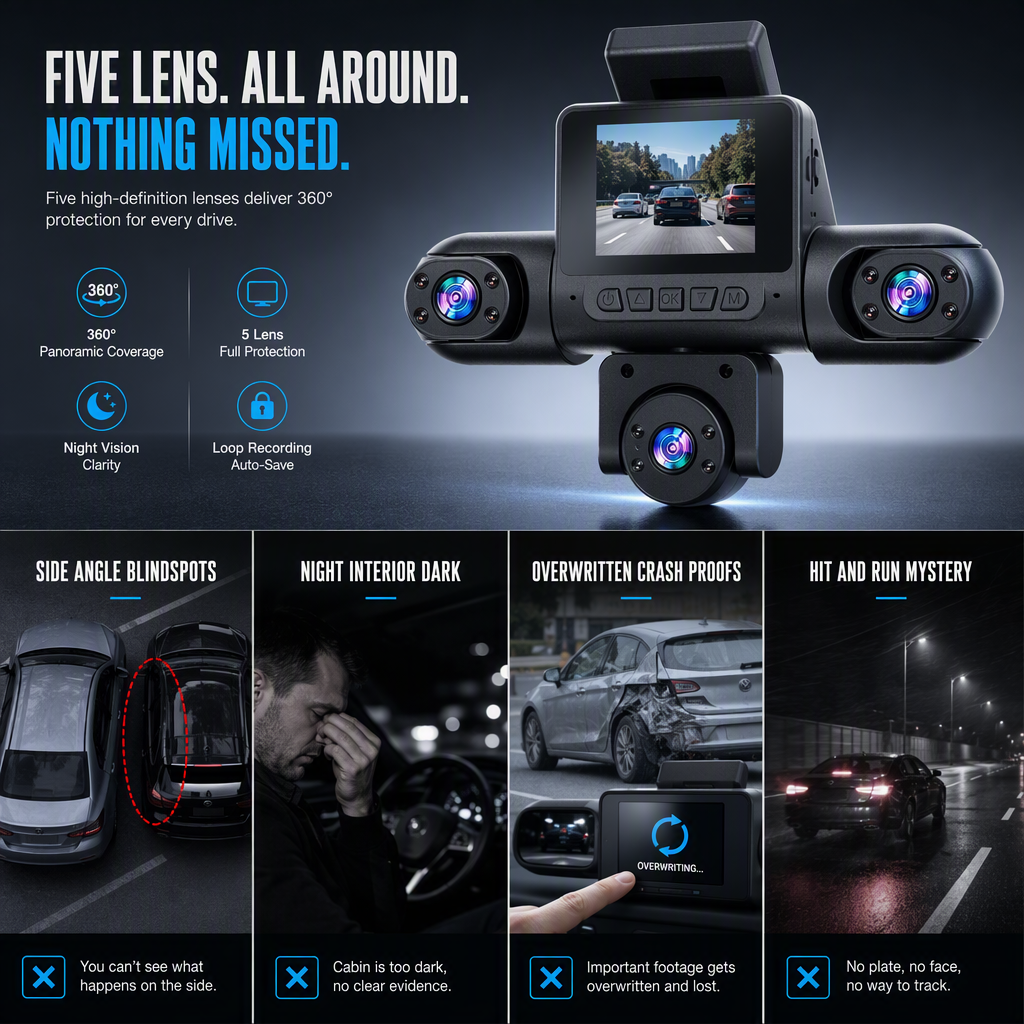 4K 360-Grad-Panorama-Auto-Dashcam mit 5 Kameras - Versteckter Fahrtenschreiber und Fahrzeugüberwachungssystem