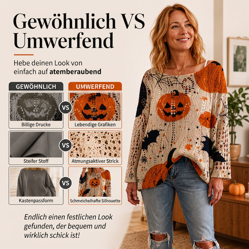 Gehäkeltes Strickoberteil mit Kürbismotiv für Damen zu Halloween
