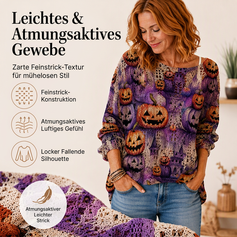 Gehäkeltes Strickoberteil mit Kürbismotiv für Damen zu Halloween