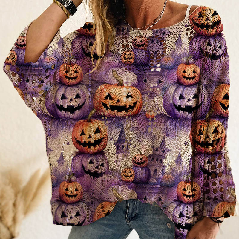 Gehäkeltes Strickoberteil mit Kürbismotiv für Damen zu Halloween
