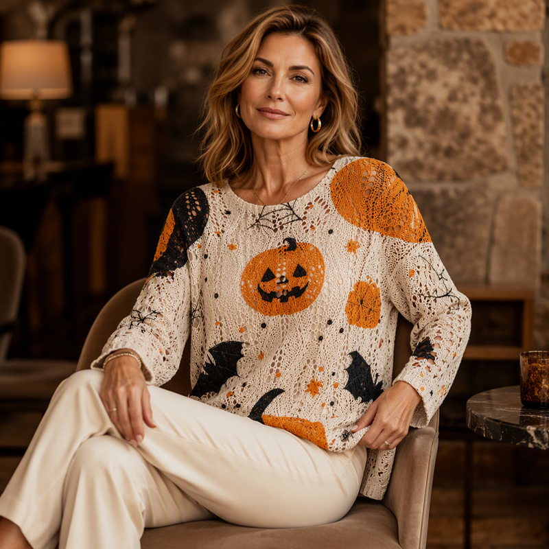 Gehäkeltes Strickoberteil mit Kürbismotiv für Damen zu Halloween