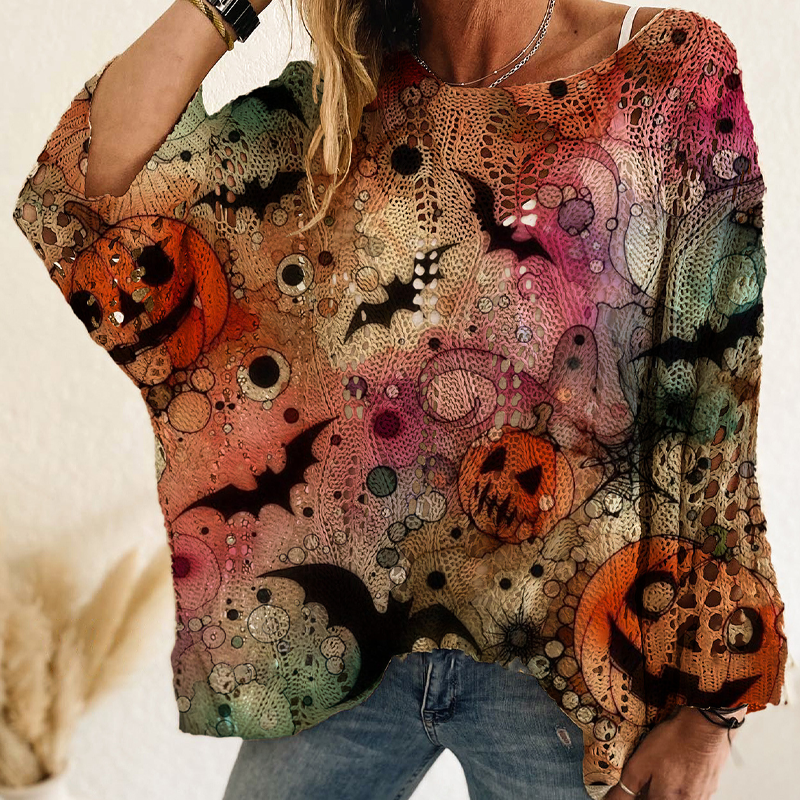 Gehäkeltes Strickoberteil mit Kürbismotiv für Damen zu Halloween