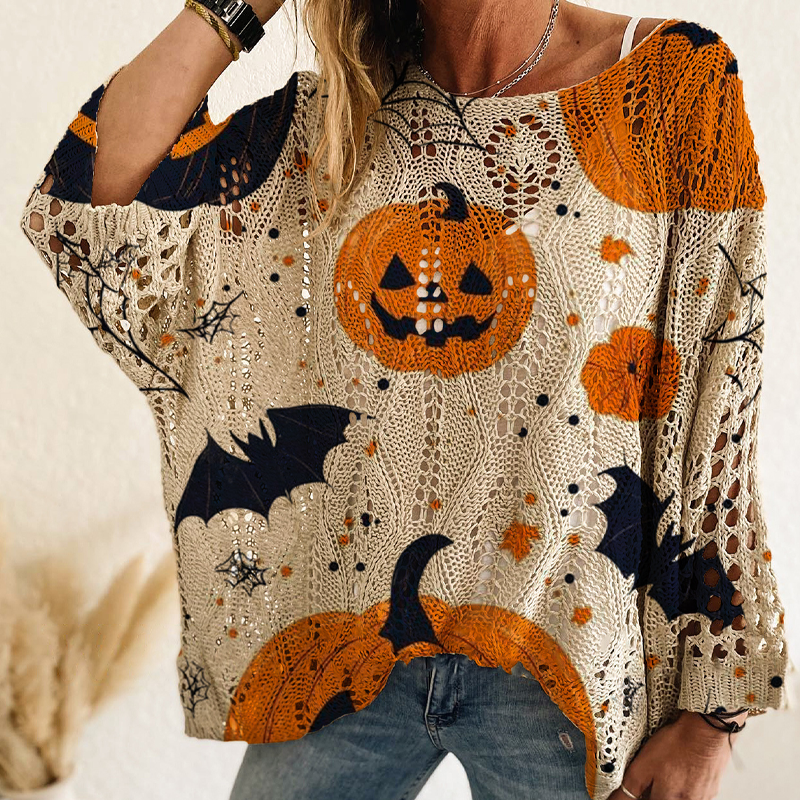 Gehäkeltes Strickoberteil mit Kürbismotiv für Damen zu Halloween