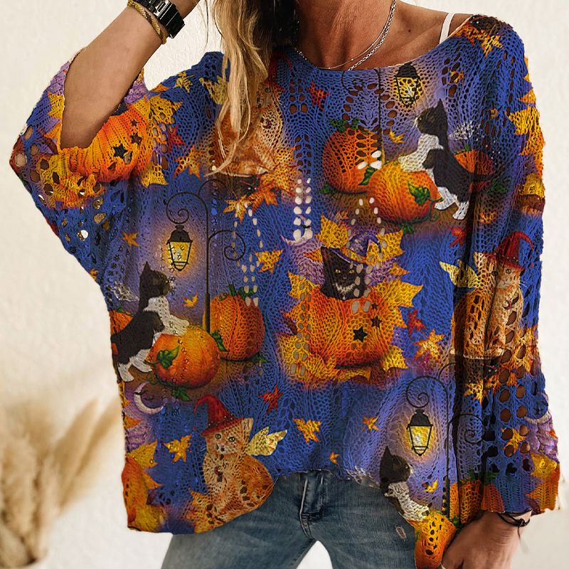 Gehäkeltes Strickoberteil mit Kürbismotiv für Damen zu Halloween