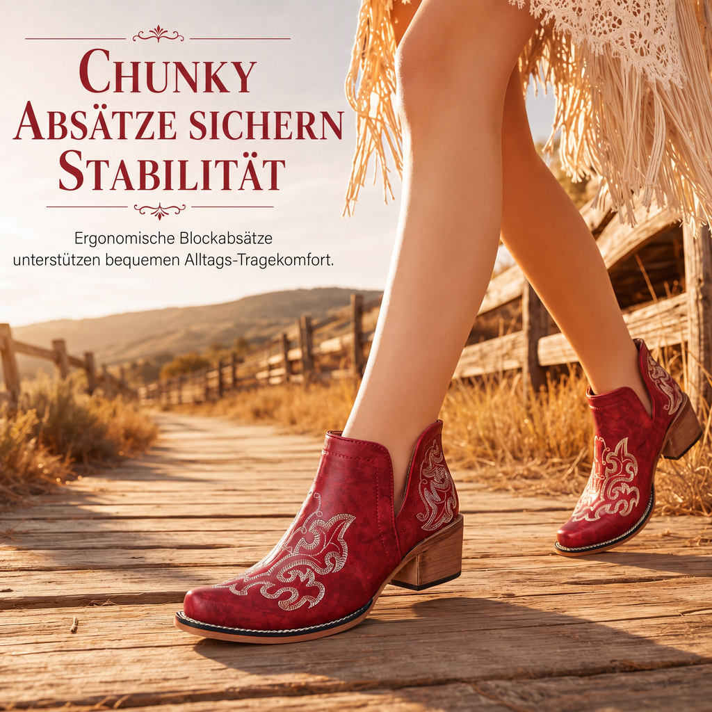 Retro V-Ausschnitt Blockabsatz Martin-Stiefel für Damen, große Größen, einfarbige und mit Blumenmuster bedruckte Stiefeletten für Herbst und Winter